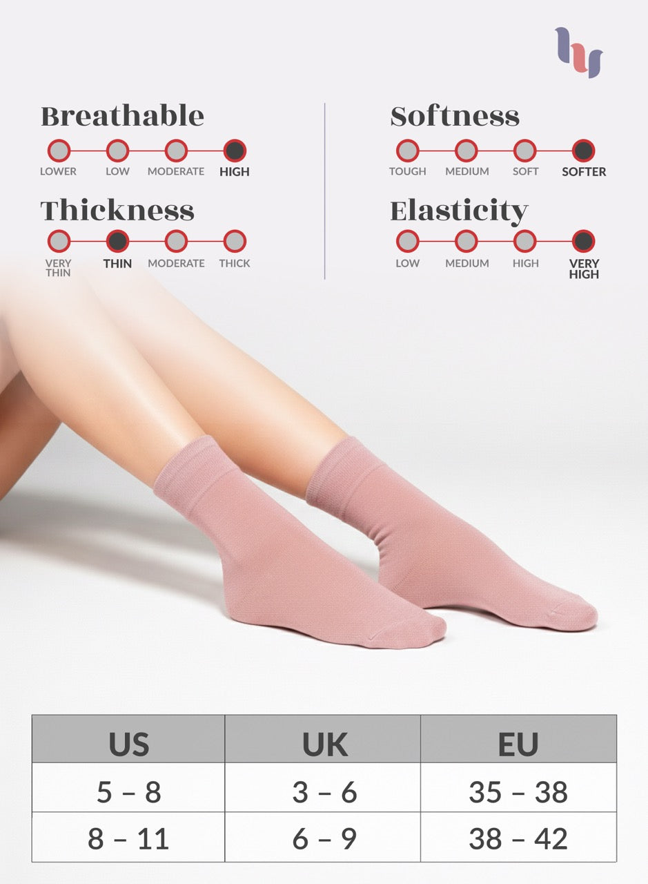 Rose Cloud socks with a scale for breathability, softness, thickness, and elasticity, and a size chart.