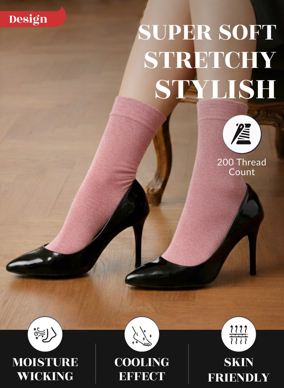 Rose Cloud socks worn with black high heels on a wooden floor, featuring text about sock properties.