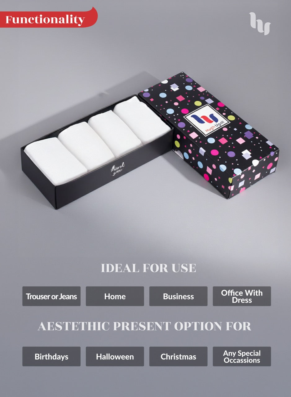 Set of white socks in a patterned box on a gray background