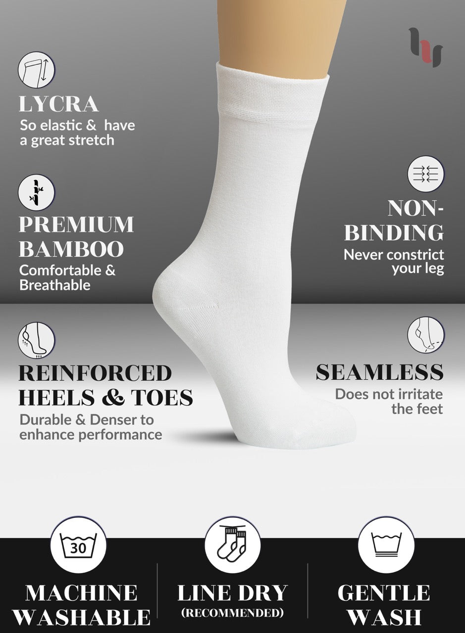 White sock with features listed on a gray background