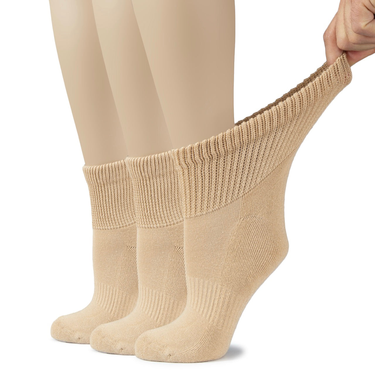Medium Beige socks being worn with beige tights on a white background