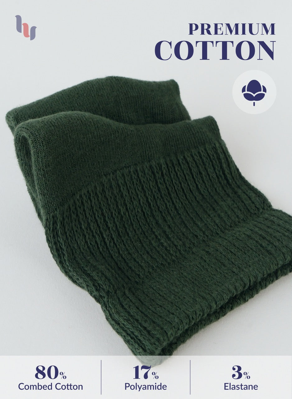 Army Green knitted scarf with fabric composition details on a white background