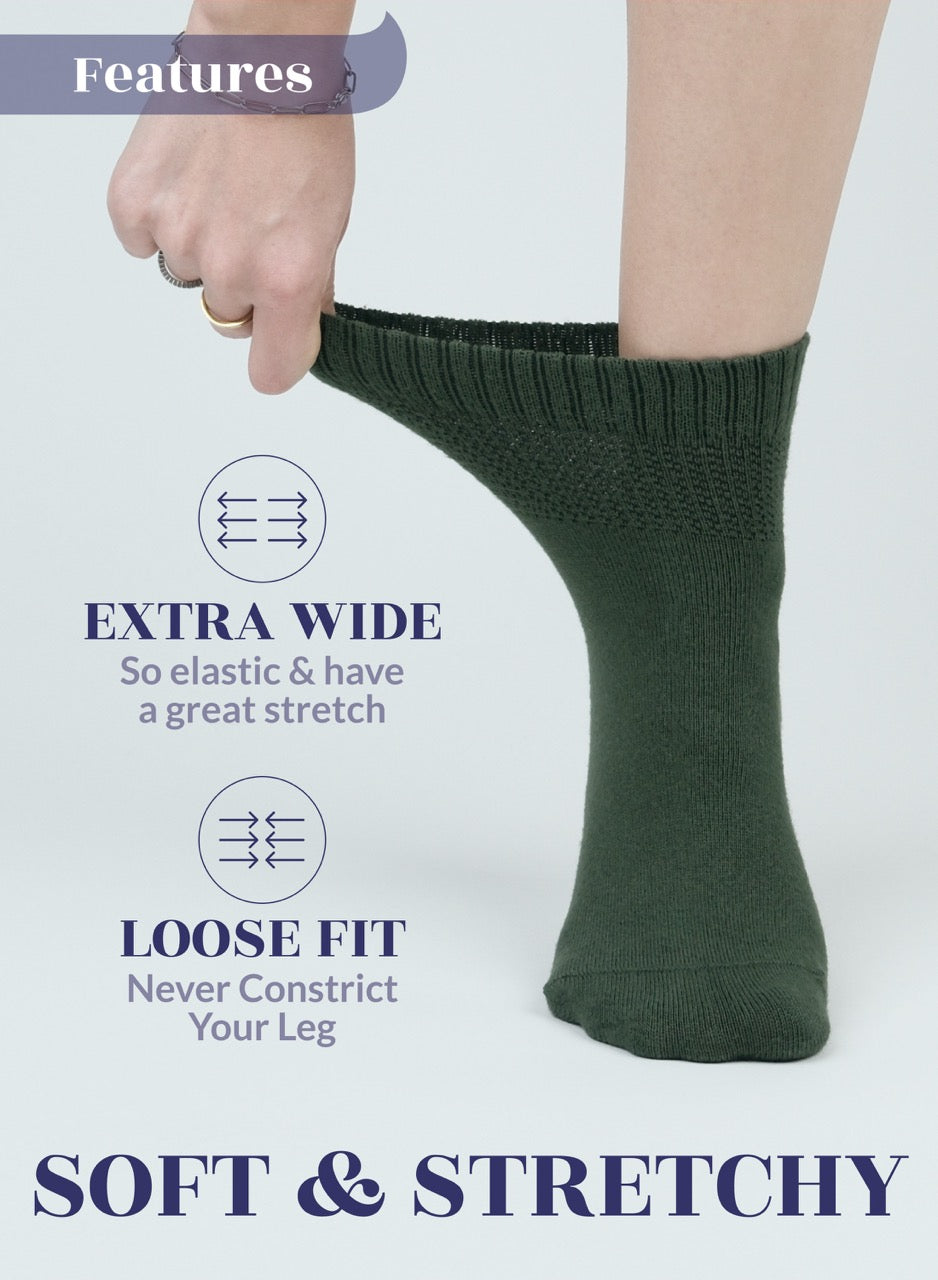 Army Green sock being worn with text highlighting features on a white background