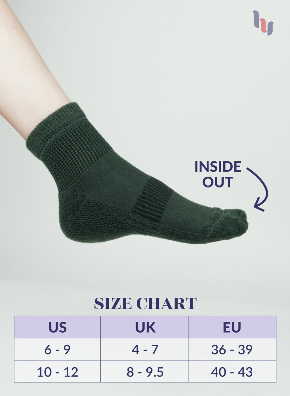 Army Green sock on a person's foot with 'Inside Out' text and size chart below on a light gray background.