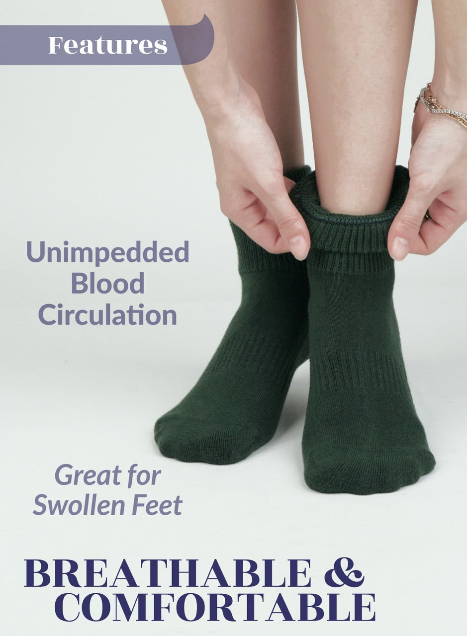 Person wearing Army green socks with text about blood circulation and comfort.