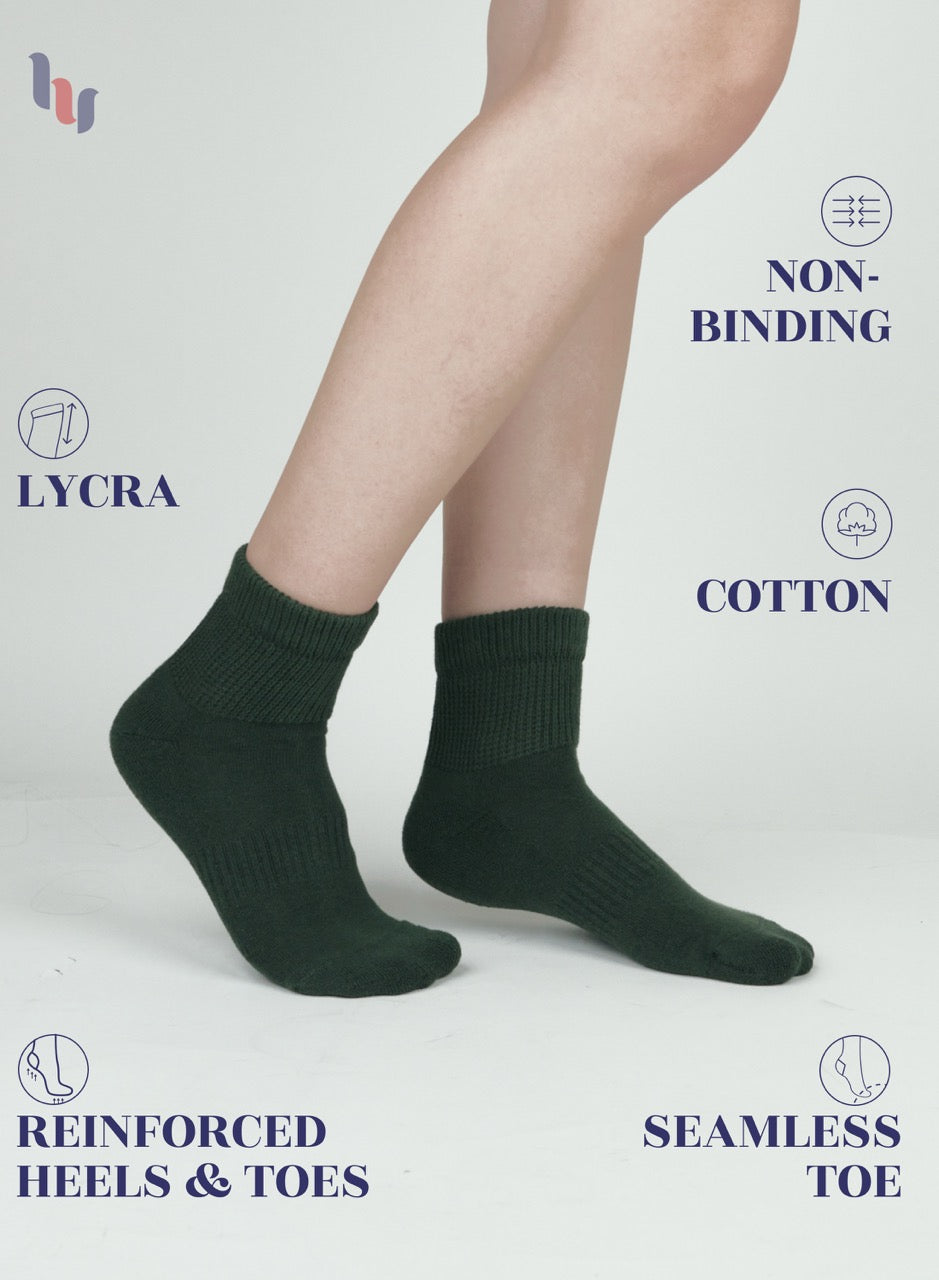 Army Green socks worn with a neutral background, featuring text on sock benefits.