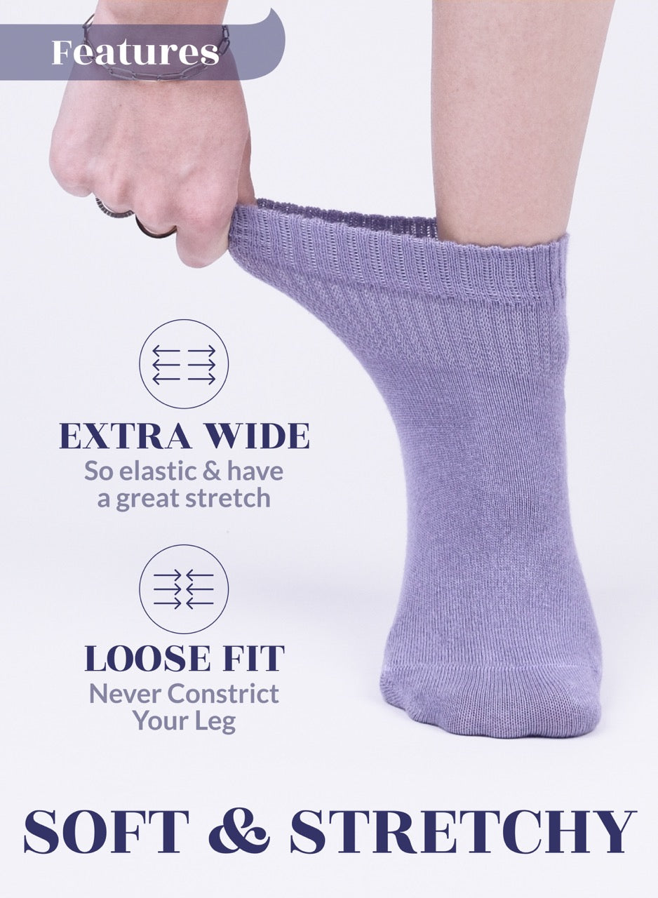 Aster Purple sock being worn with text highlighting features on a light purple background
