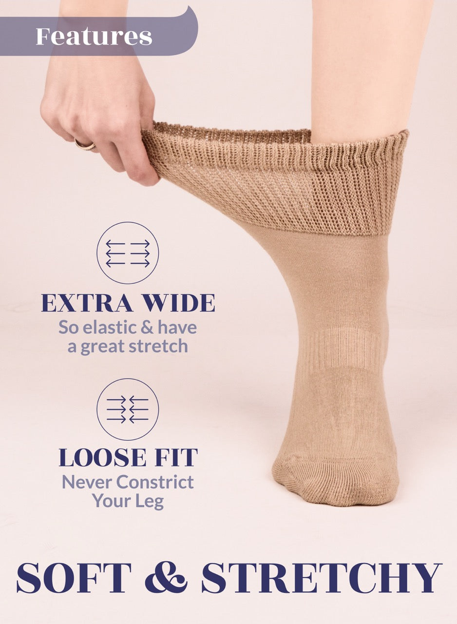 Beige sock being worn with text highlighting features on a light pink background