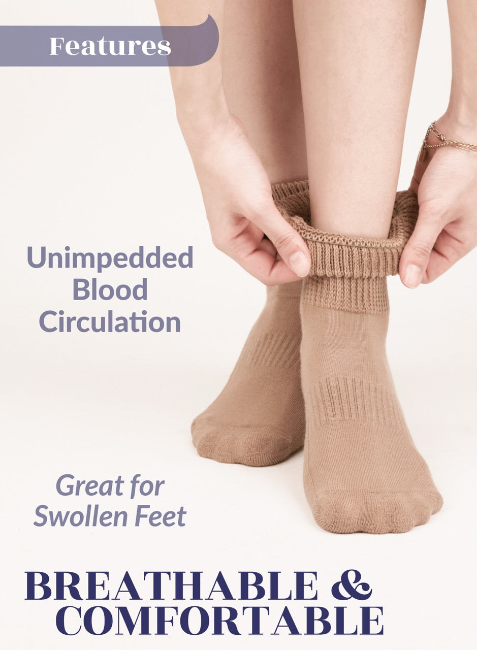 Person wearing beige socks with text highlighting features on a white background