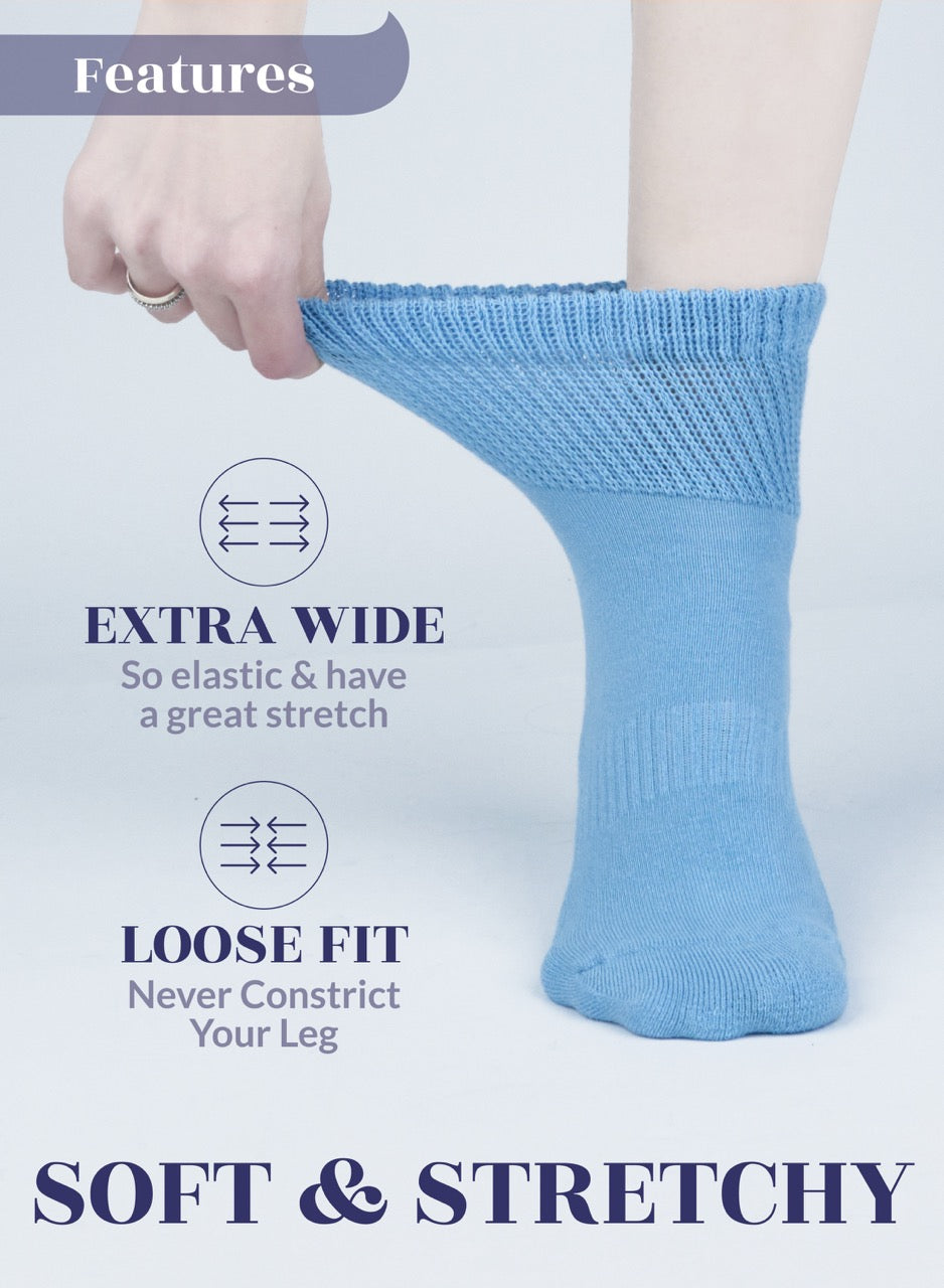 Blue sock being worn with text highlighting features on a white background