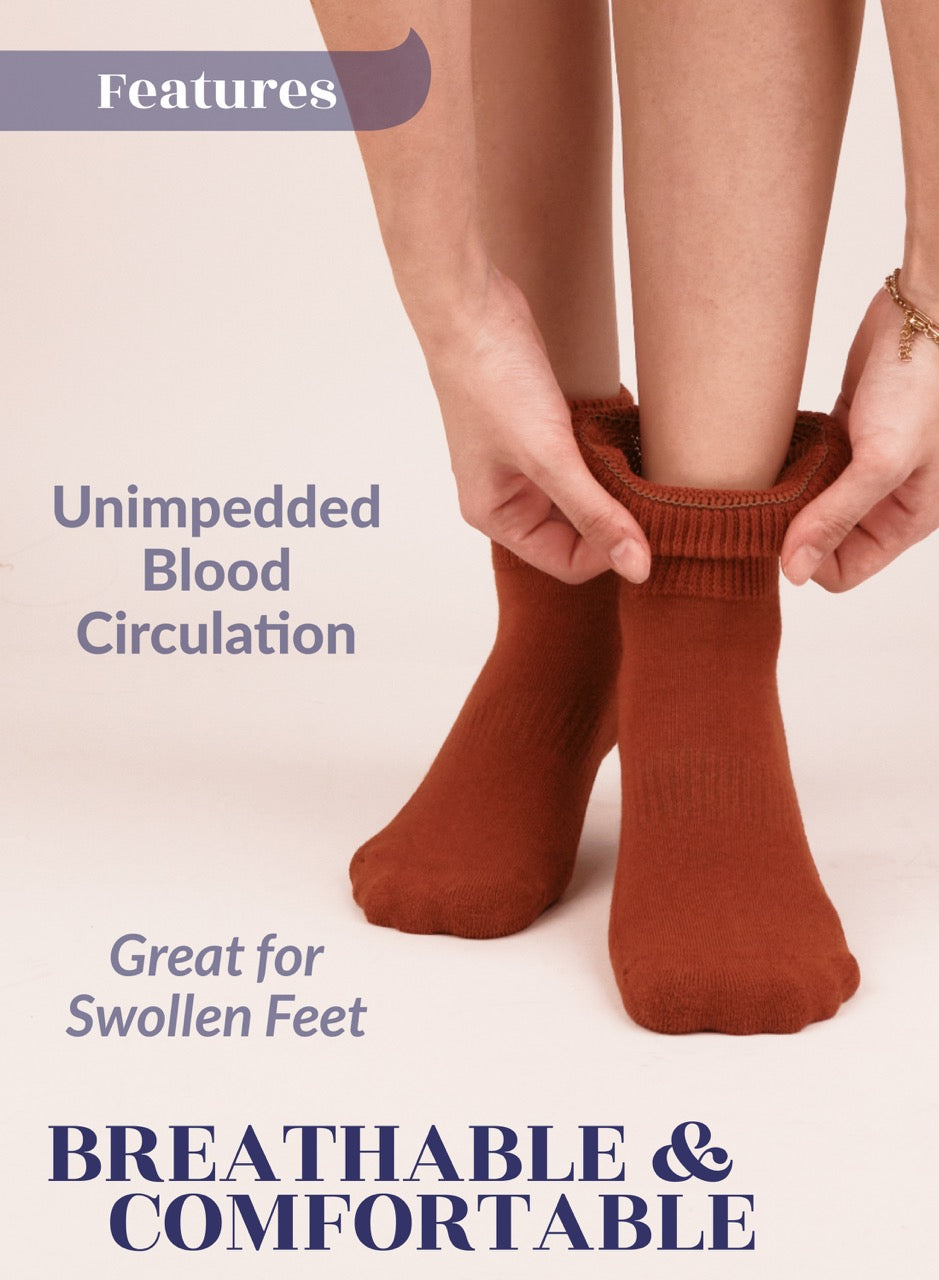 Person wearing bombay brown diabetic socks with text highlighting features on a beige background