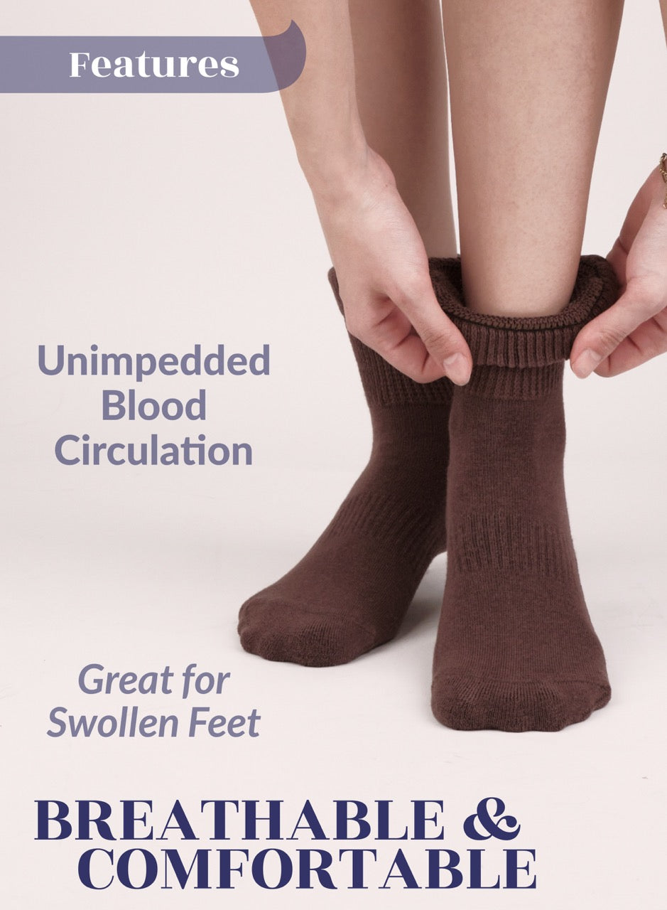 Brown compression socks being worn with text highlighting features on a light background