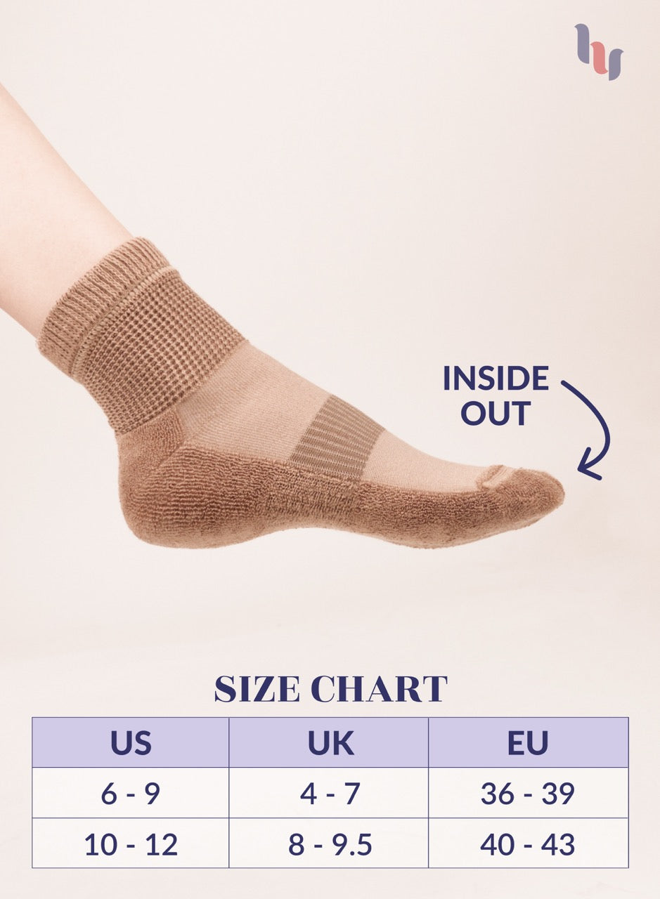 Beige sock with size chart on a beige background