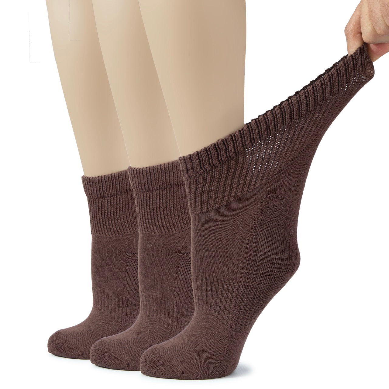 Brown socks being worn with beige tights on a white background