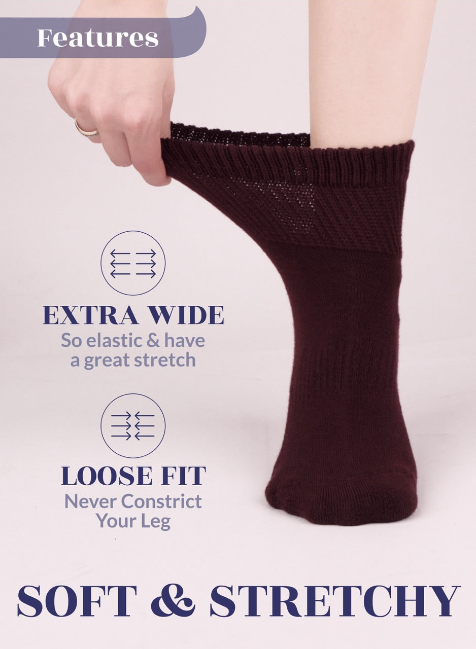 Burgundy sock being held with text highlighting features on a light background
