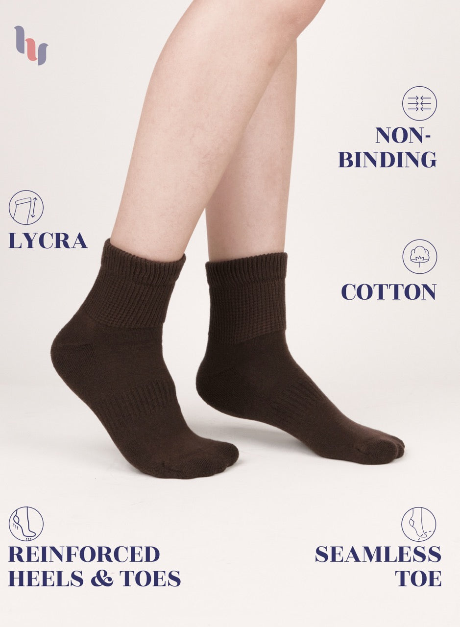 Dark Brown socks worn with text highlighting features on a light gray background