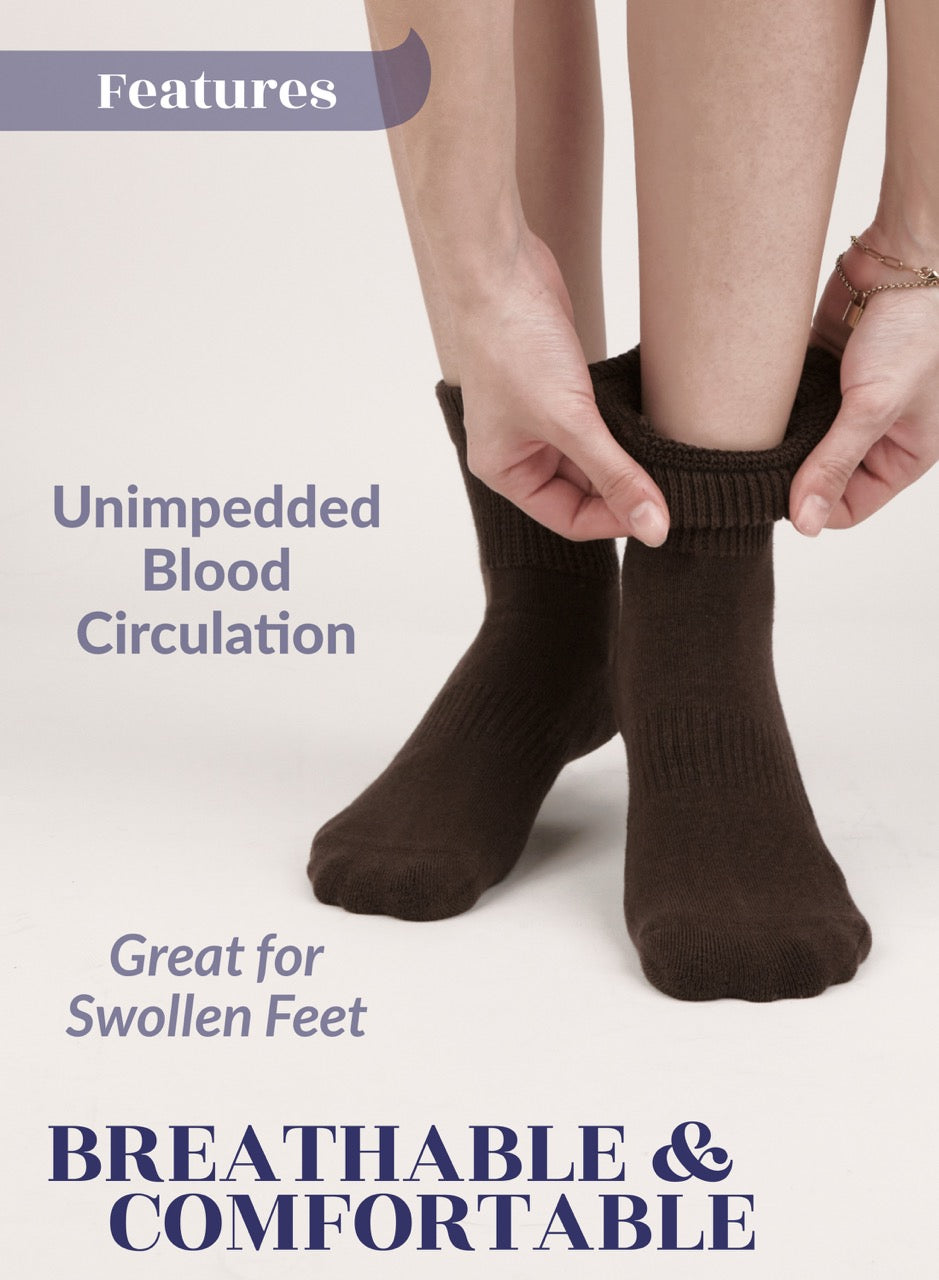 Dark Brown socks being worn with text highlighting features on a light background