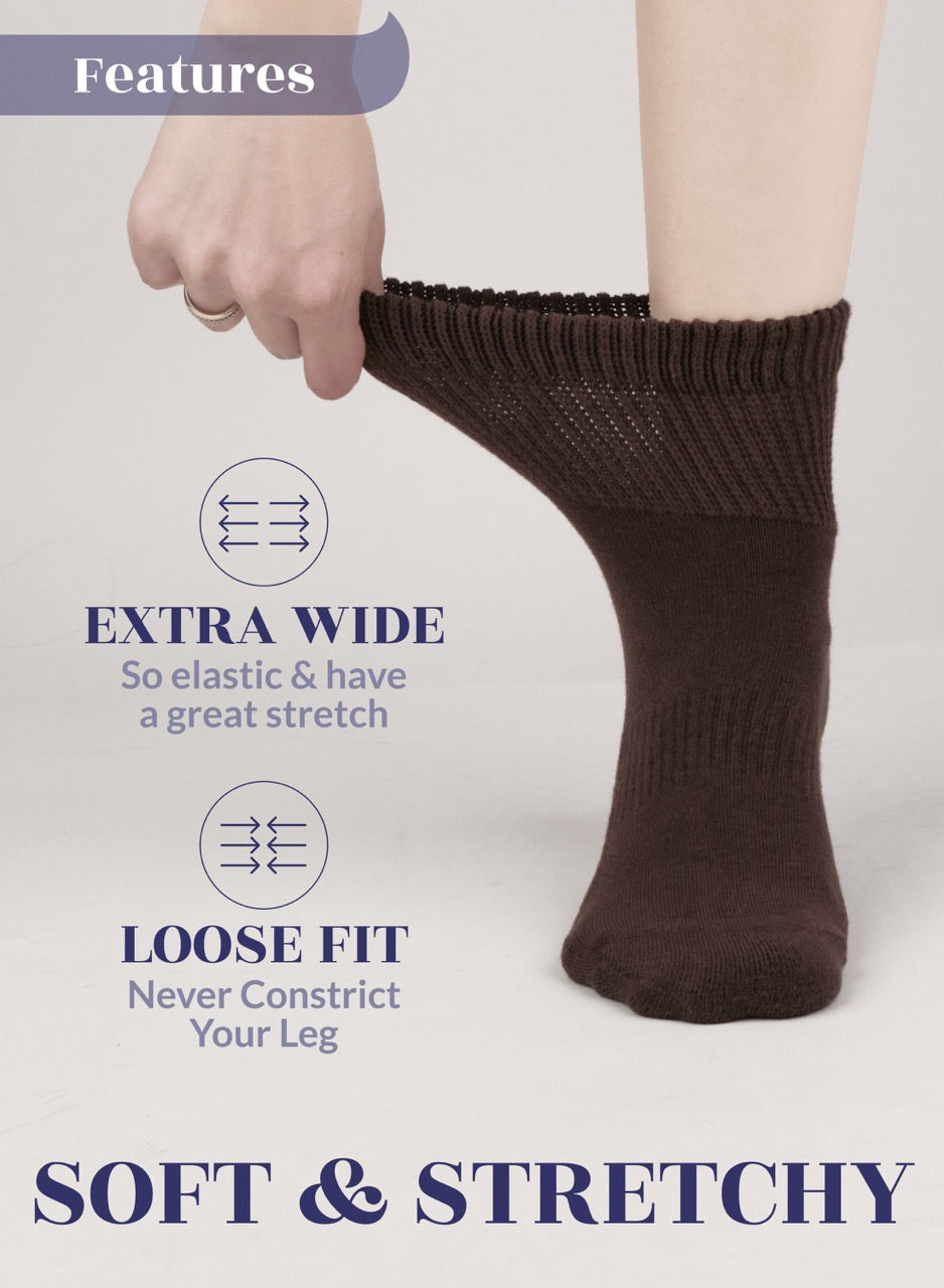 Dark Brown sock being worn with text highlighting features on a light gray background