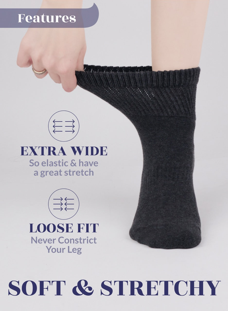 Dark grey sock being worn with text highlighting features on a light gray background