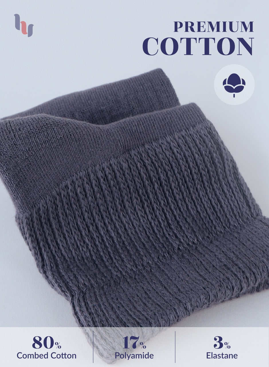 Gray knitted fabric with 'Premium Cotton' label and material composition details on a light gray background