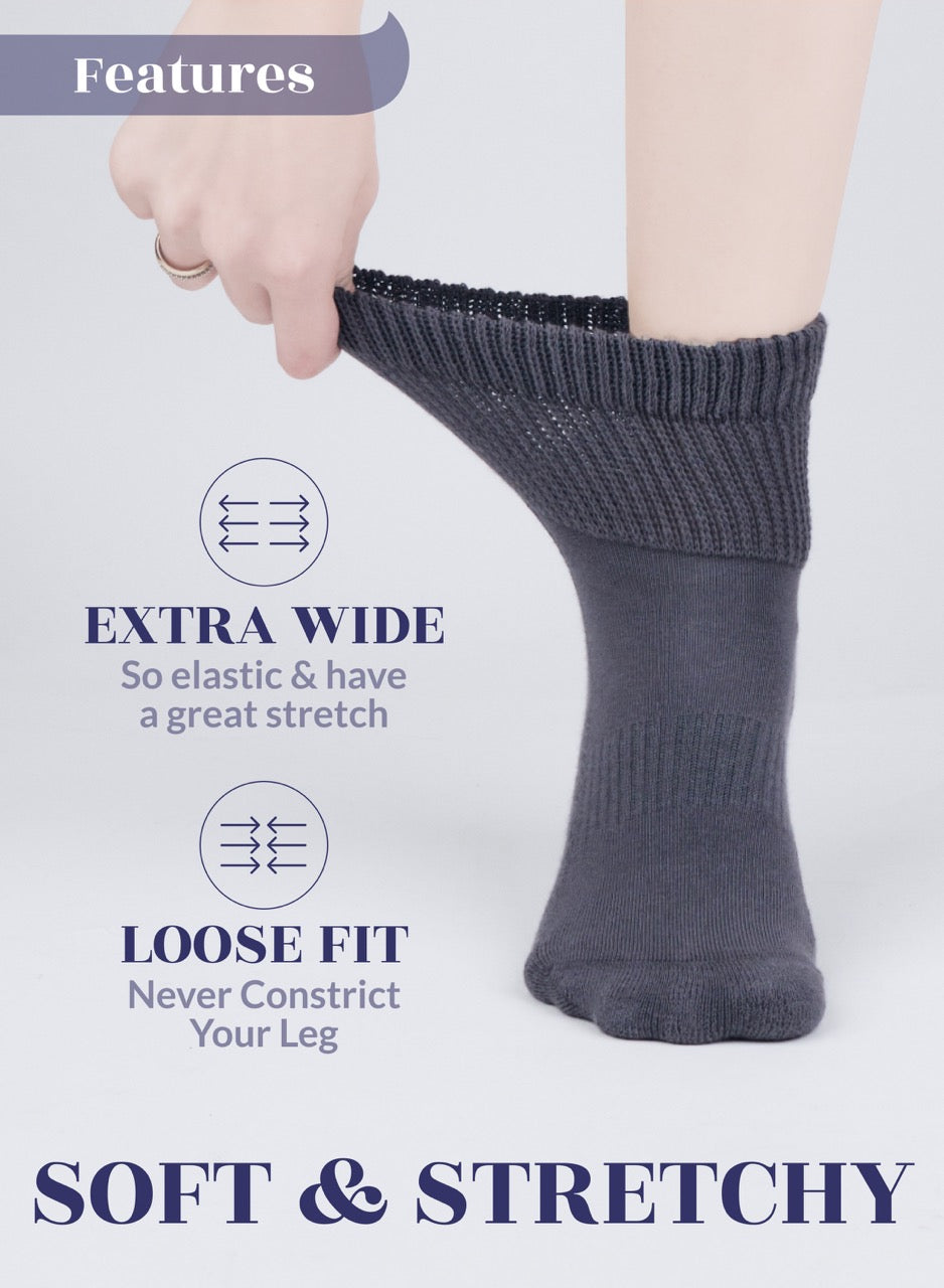 Gray sock being worn with text highlighting features on a light gray background