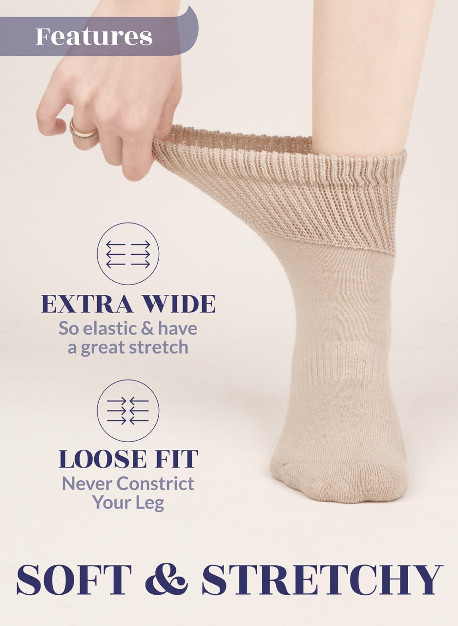 Light Beige sock being worn with text highlighting features on a light background