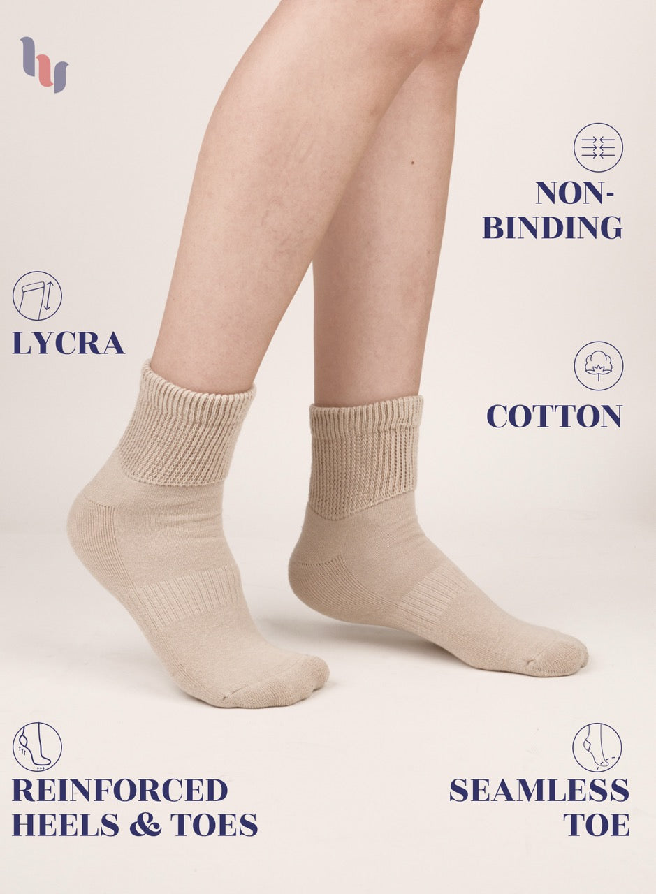 Light Beige socks with text highlighting features on a light background