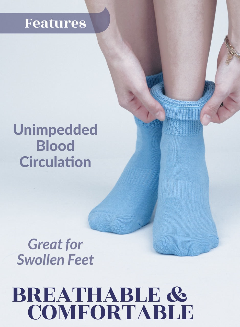 Person wearing light blue socks with text about blood circulation and comfort on a white background