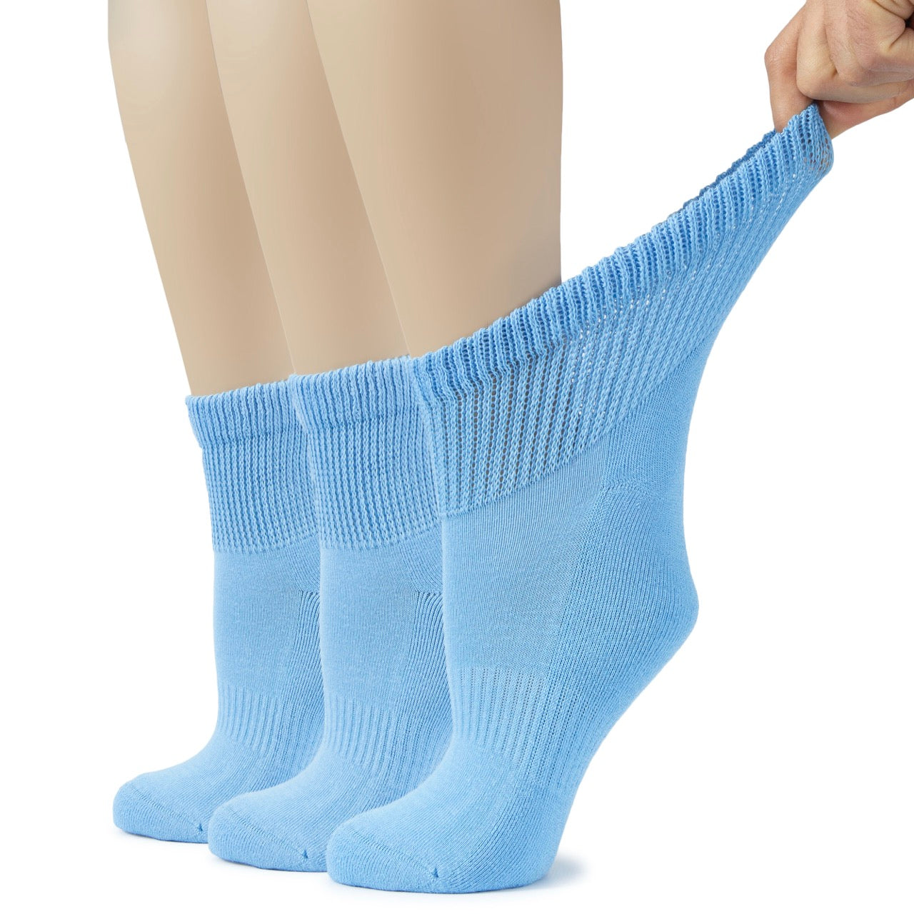 Light blue socks being worn on a white background
