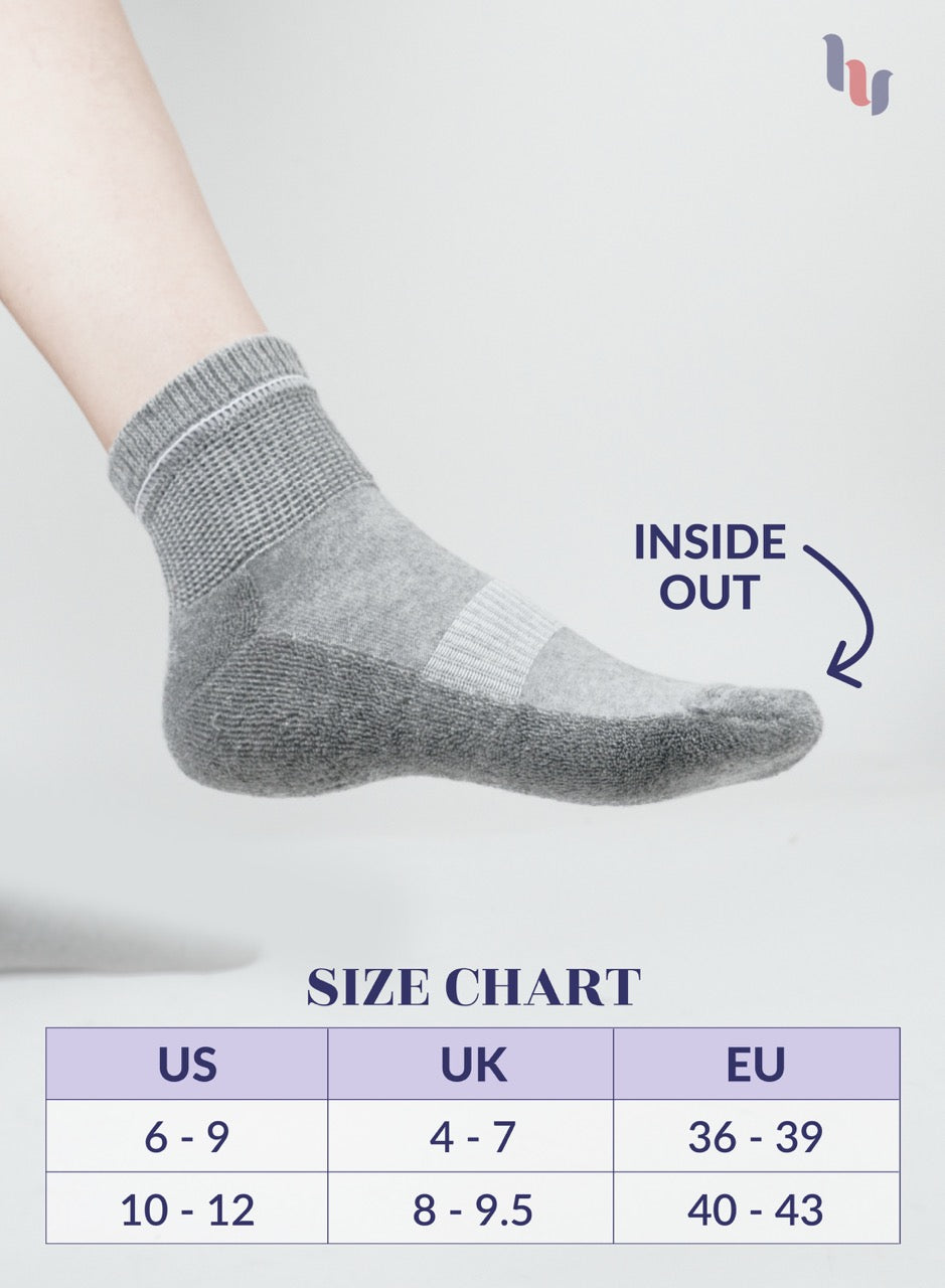 light Gray sock on a white background with size chart below
