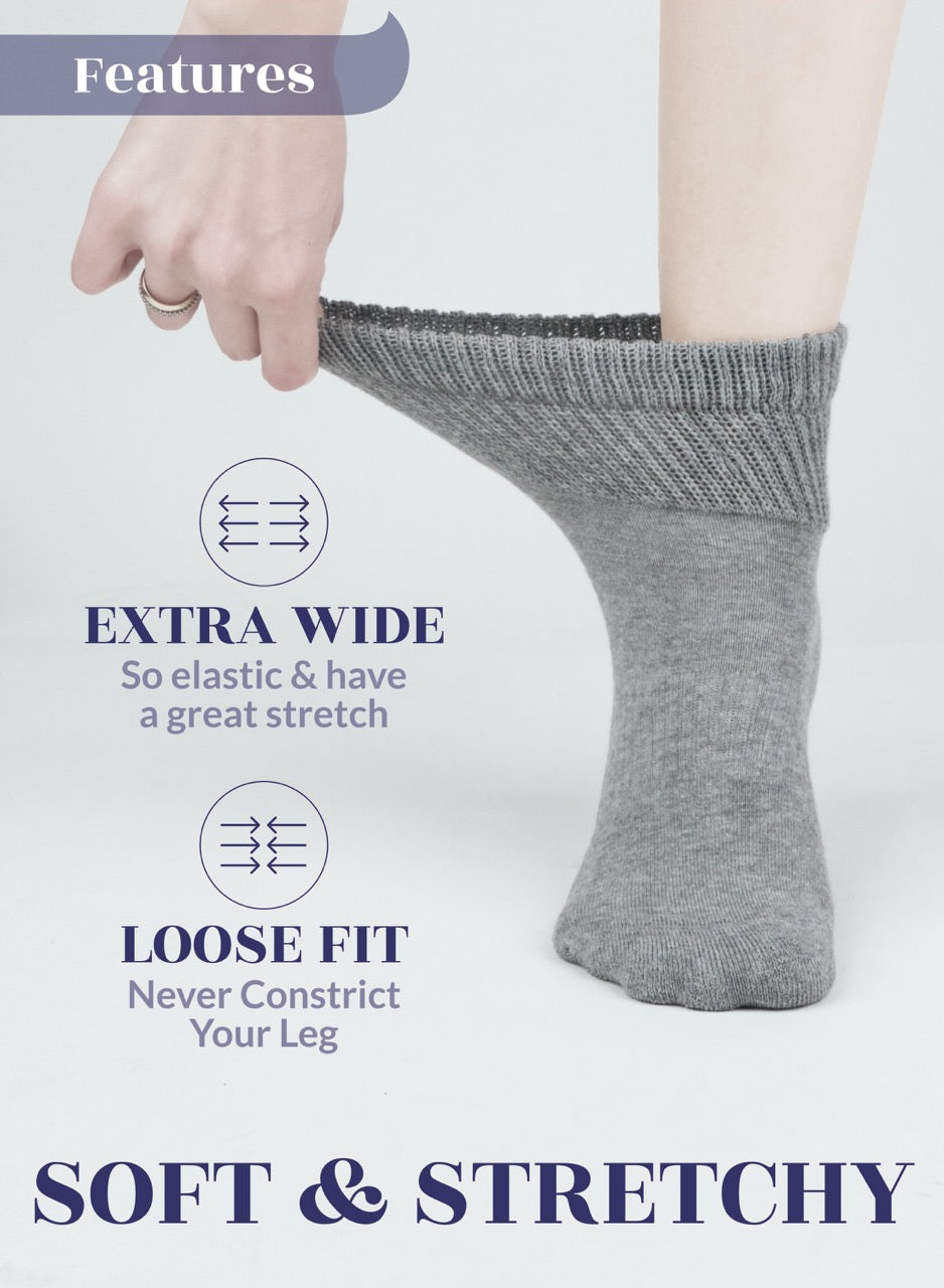 light Gray sock being stretched with text highlighting features on a light gray background