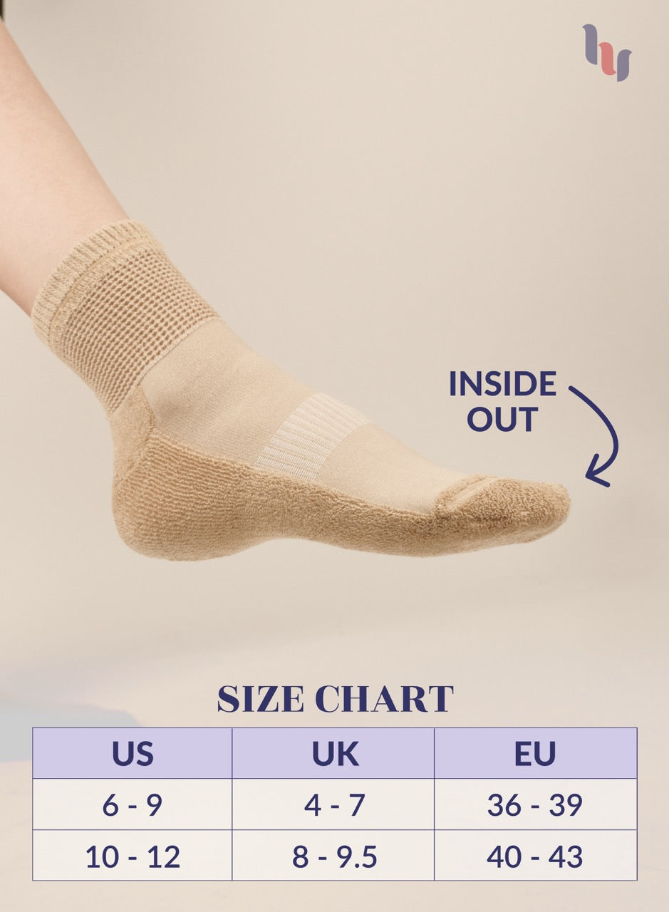 Medium Beige sock with size chart on a beige background