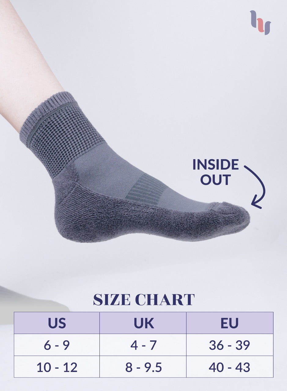 Medium Gray sock with size chart on a light gray background