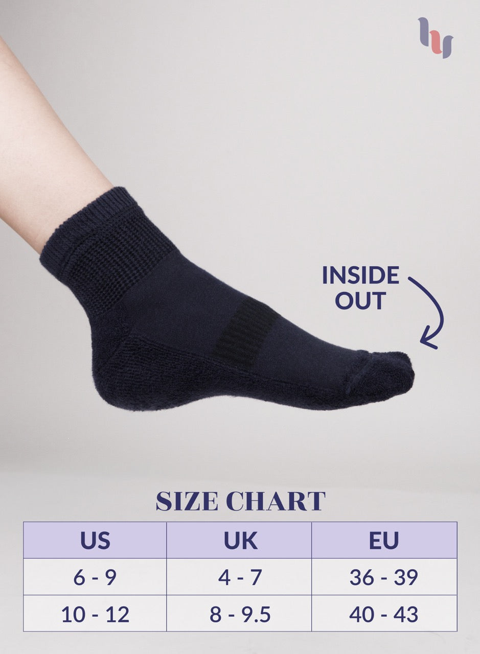 Navy Blue sock with size chart on a gray background