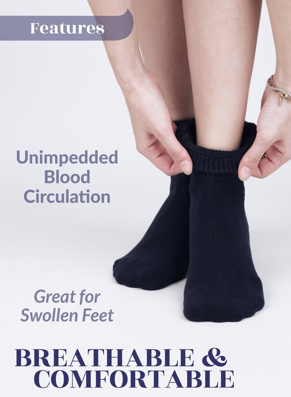 Person wearing navy blue socks with text about blood circulation and comfort on a light background