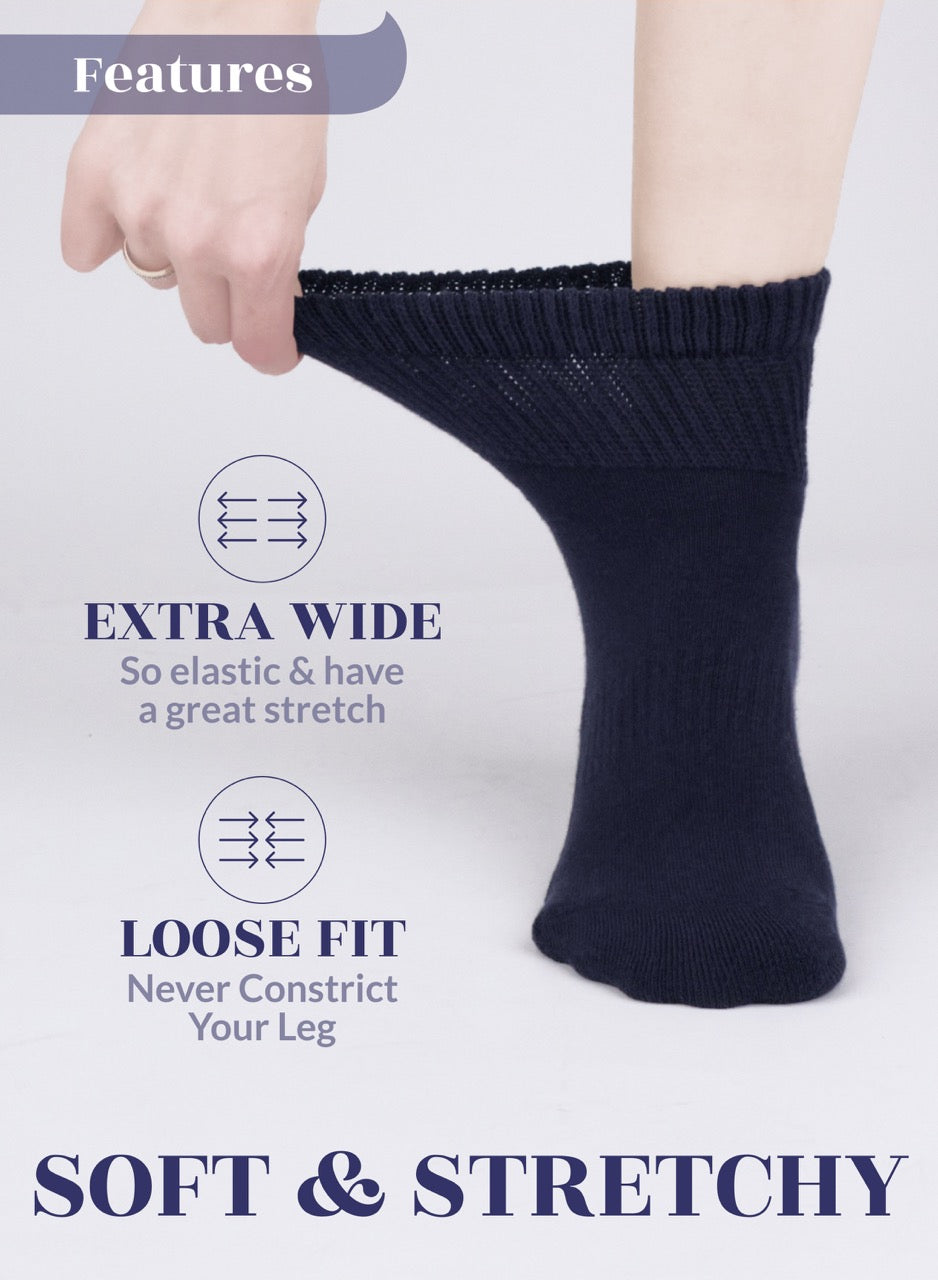 Navy blue sock being worn with text highlighting features on a white background