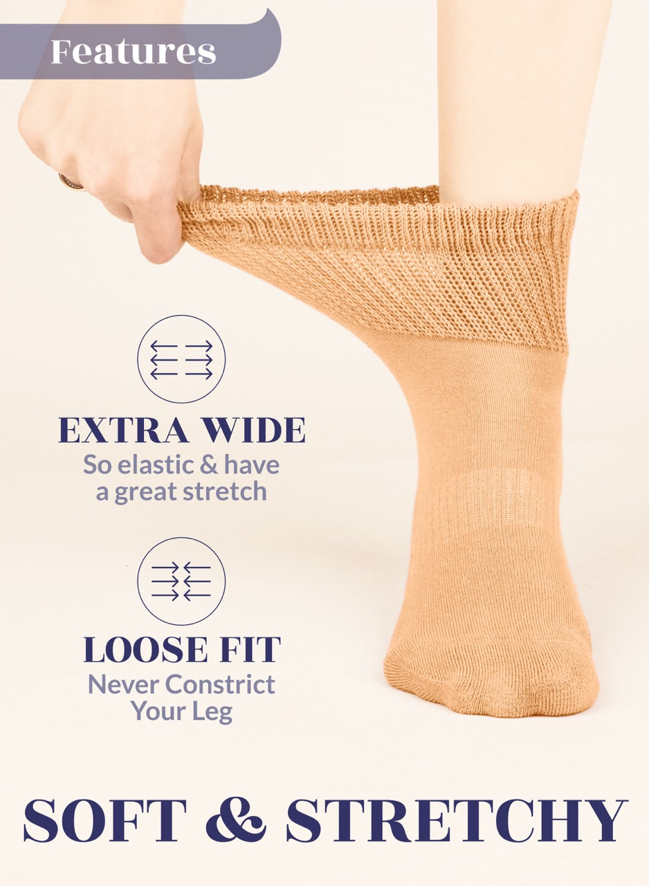 Pastel peach sock being stretched with text highlighting features on a white background