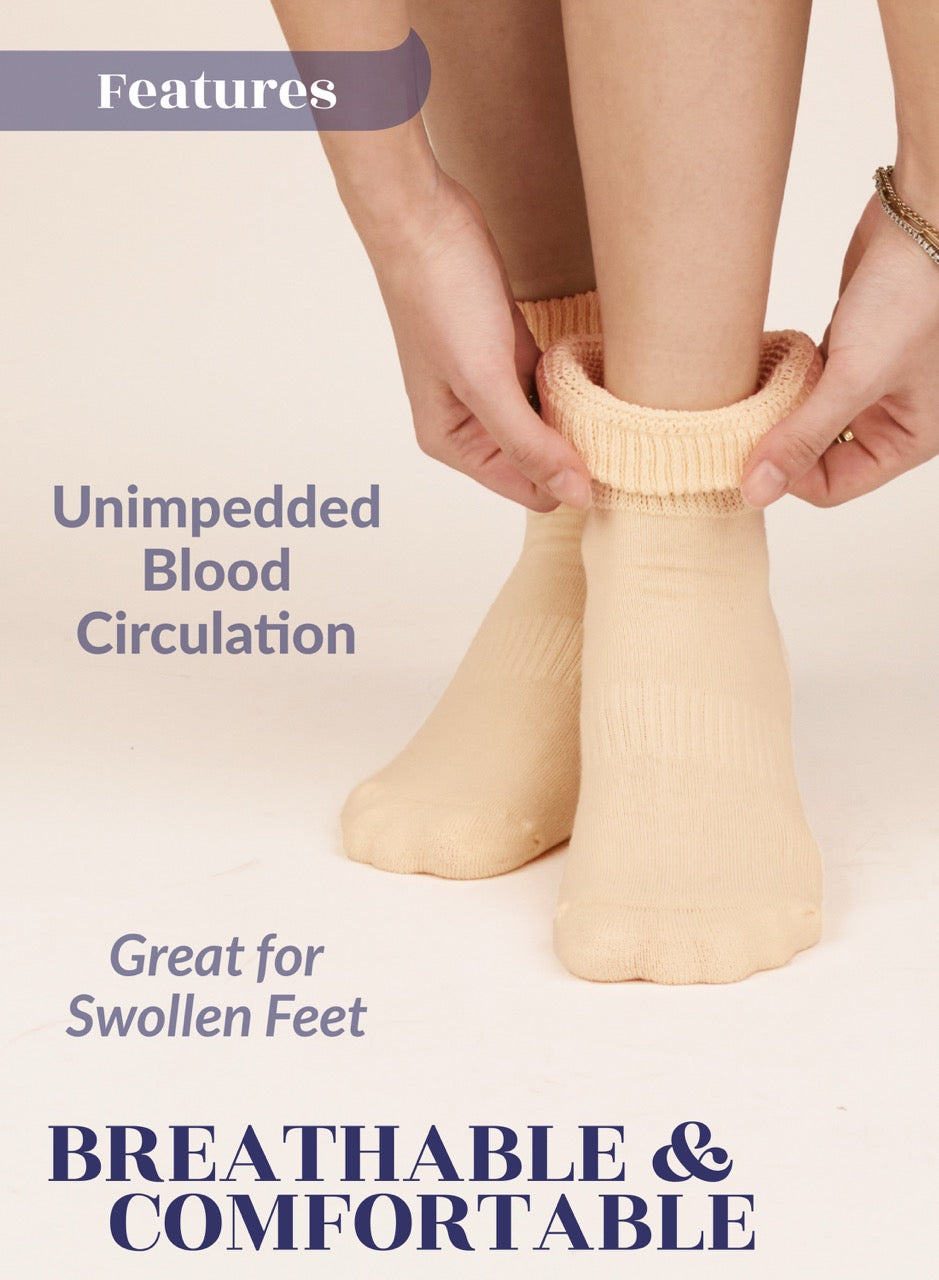 Person putting on a pair of Pastel yellow socks with text highlighting features like unimpeded blood circulation and comfort.