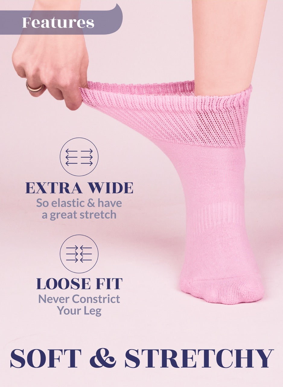 Pink sock being worn with text highlighting features on a light pink background