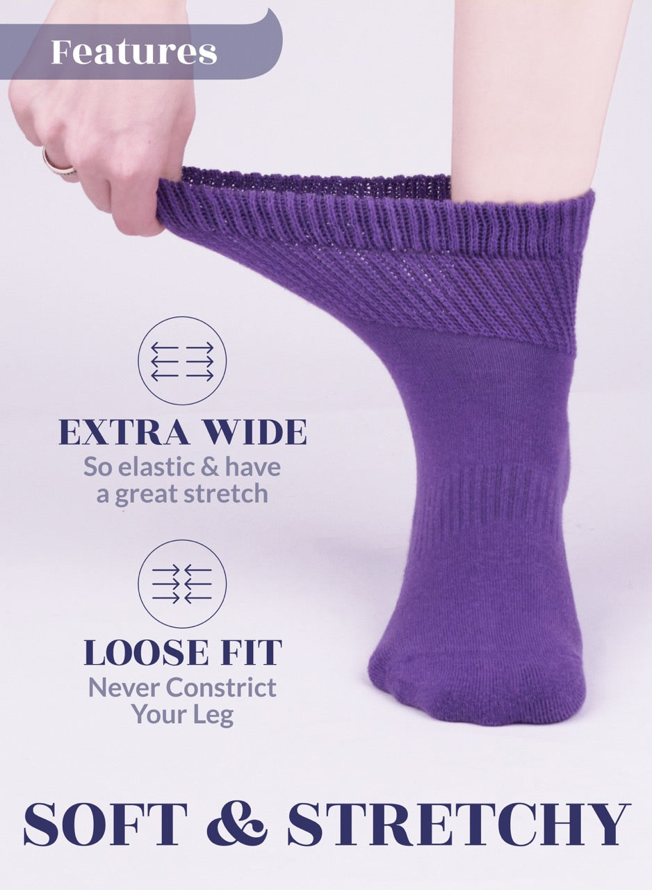 Purple sock being worn with text highlighting features on a white background