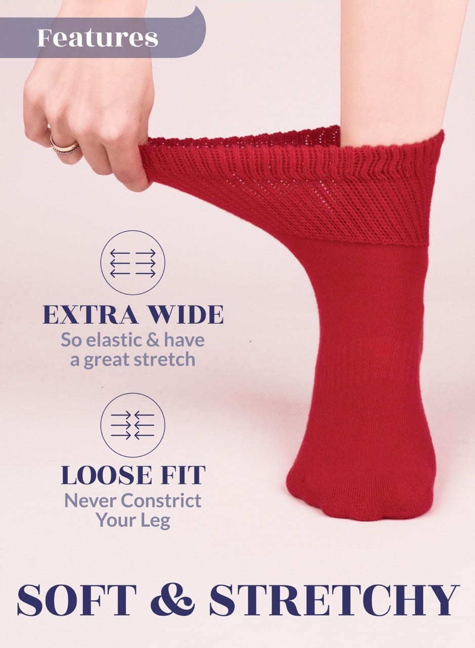 Red sock being worn with text highlighting features on a light pink background