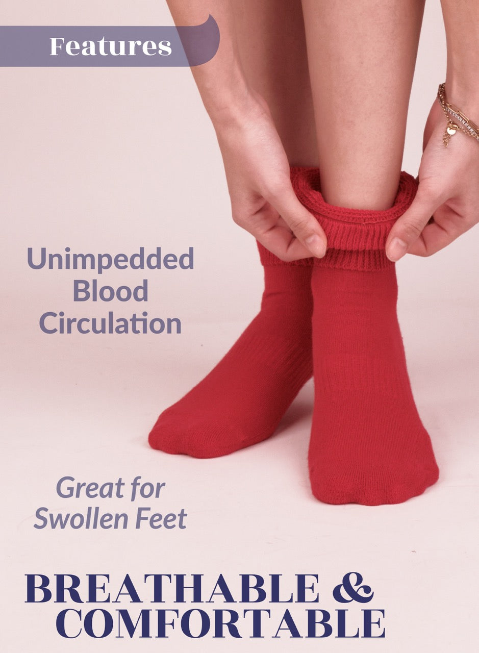 Person wearing red socks with text about blood circulation and comfort on a light pink background