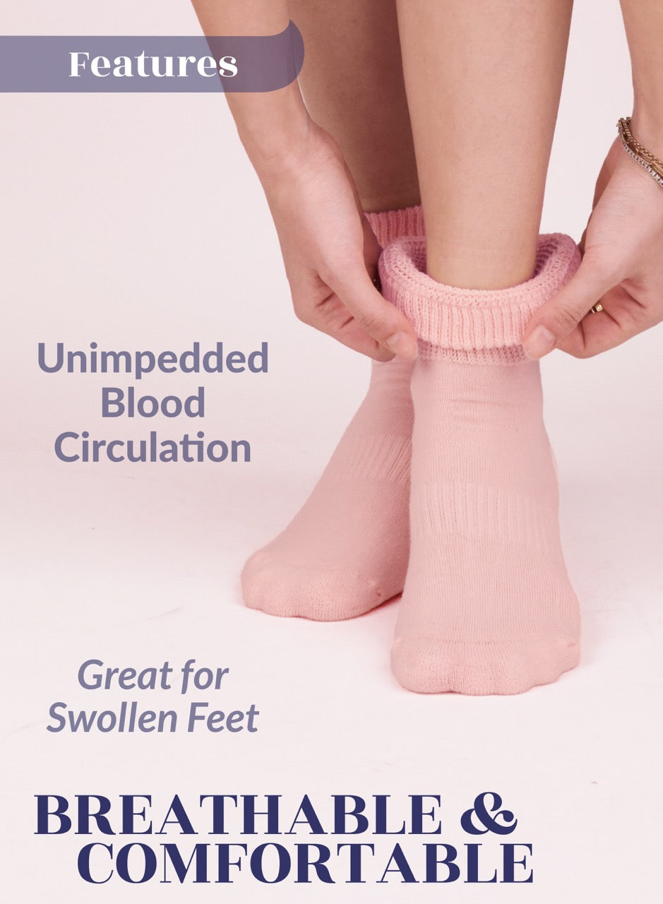 Person putting on Rose cloud socks with text about blood circulation and comfort.