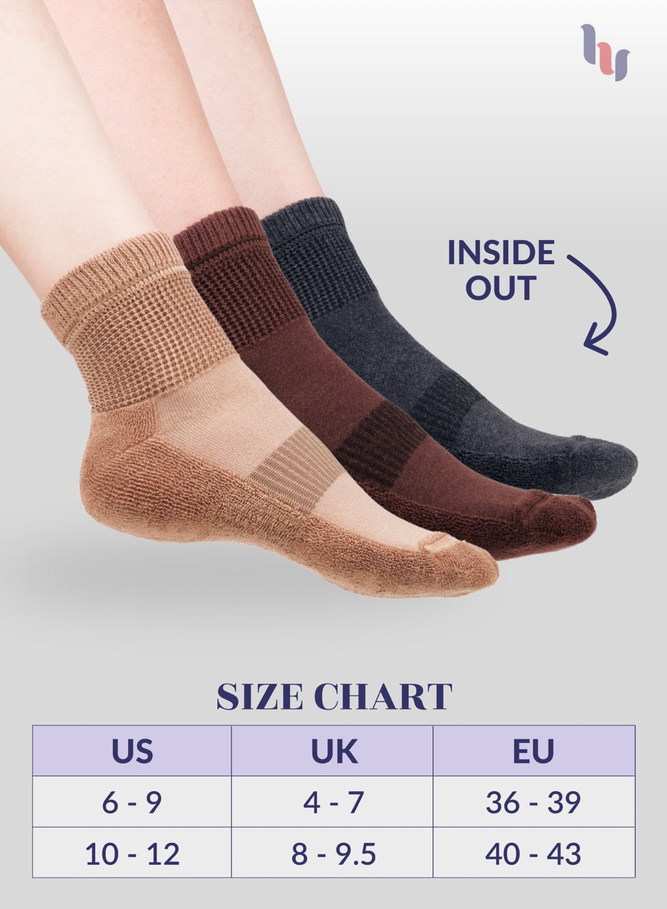 Three pairs of socks in beige, brown, and dark grey with a size chart below on a light gray background.