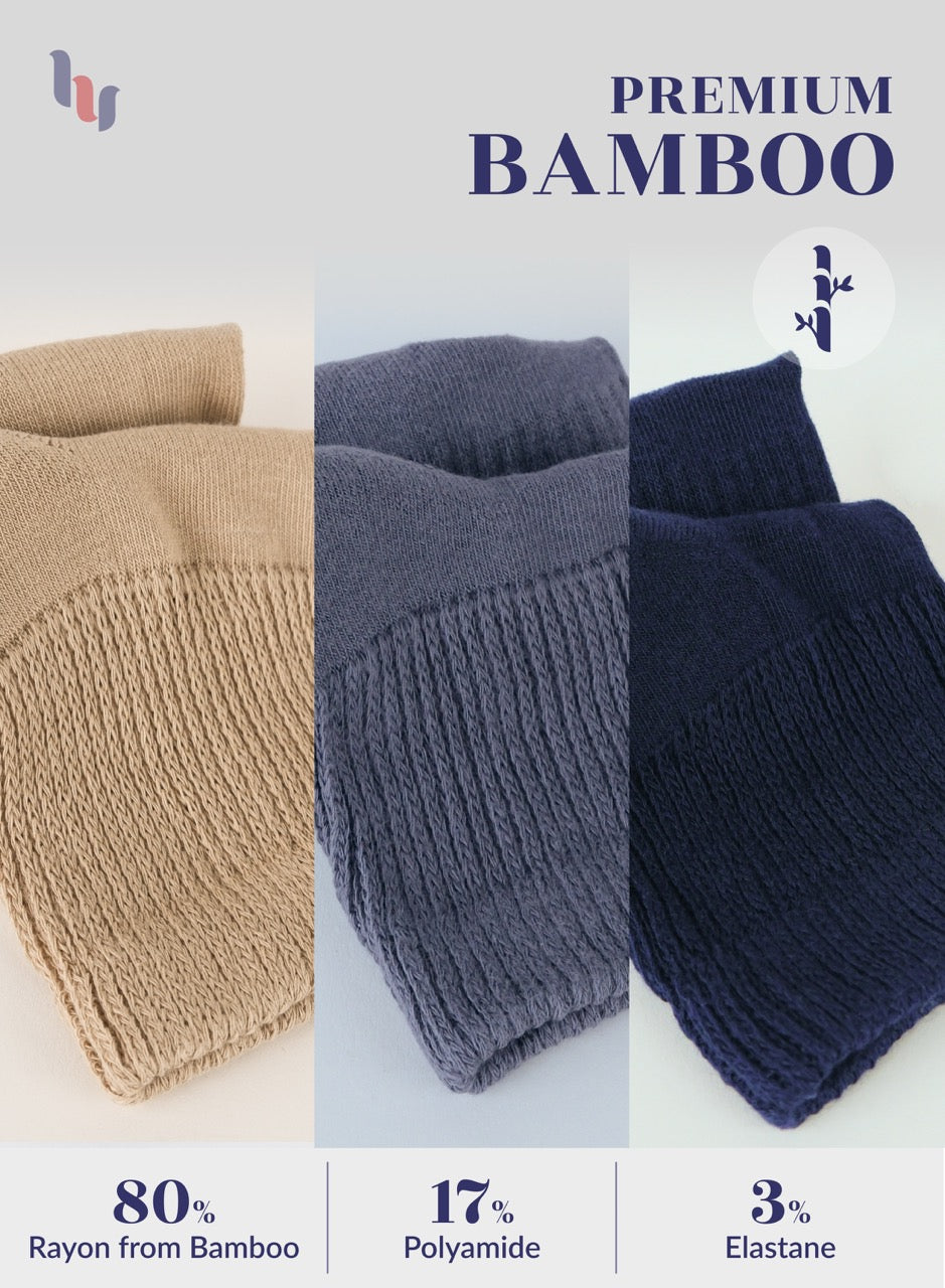 Three pairs of knitted socks in beige, gray, and navy on a light background with 'Premium Bamboo' text.