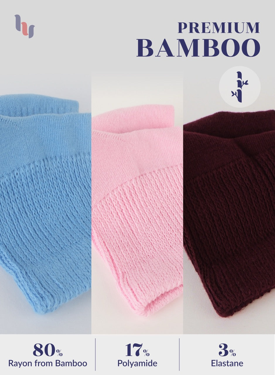 Three pairs of socks in blue, pink, and brown with text indicating material composition on a light gray background.