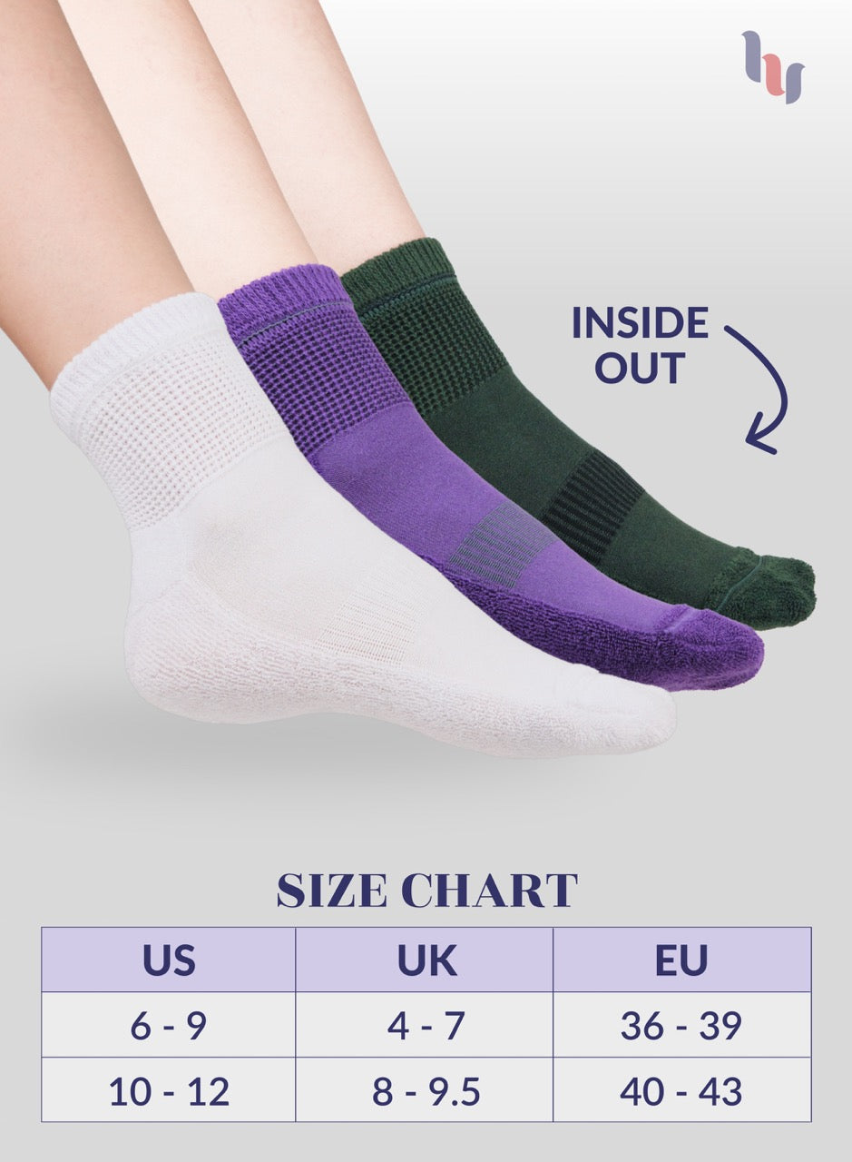 Three pairs of socks in white, purple, and army green with a size chart below on a light gray background.