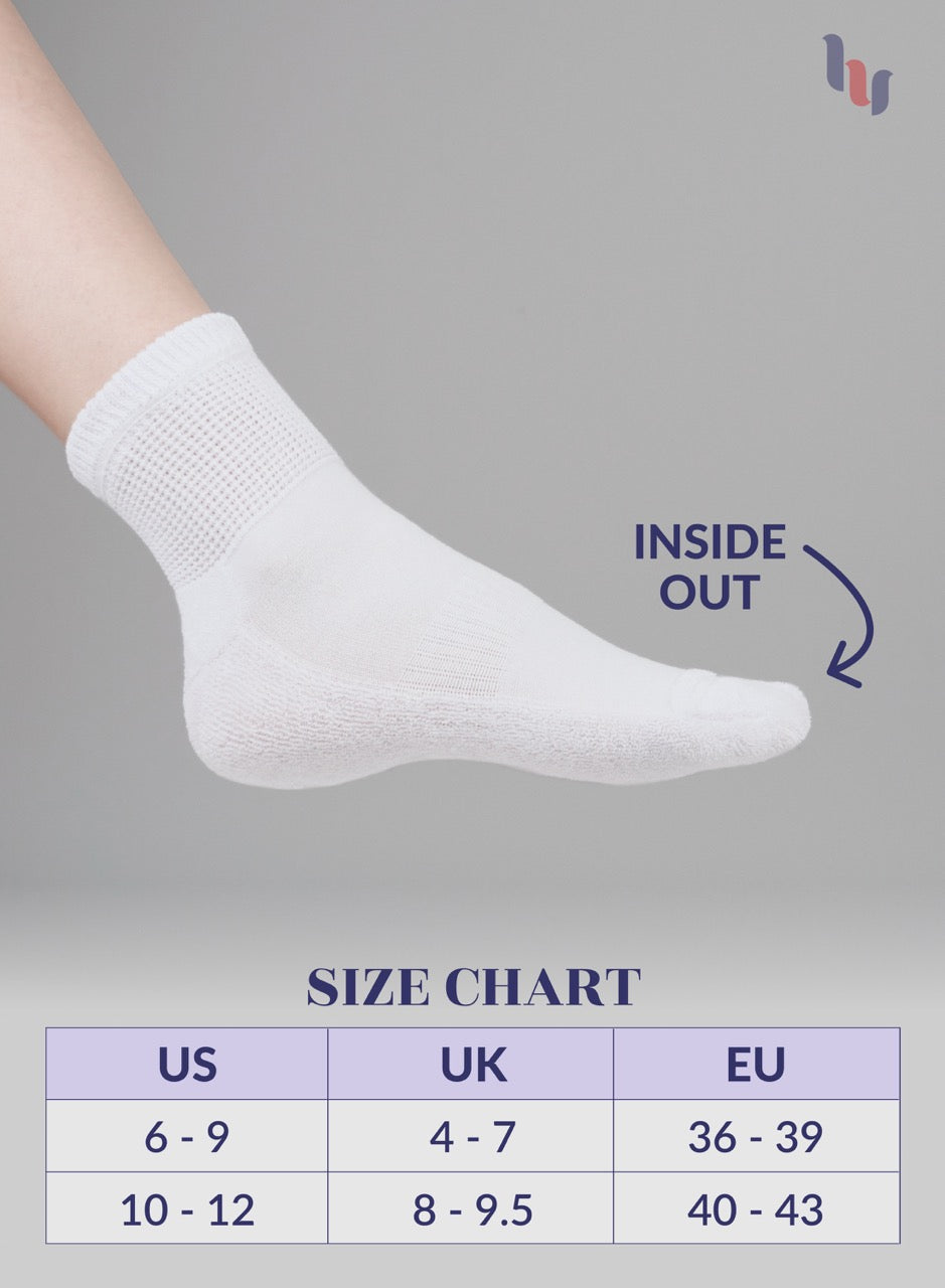 White sock with size chart on a gray background