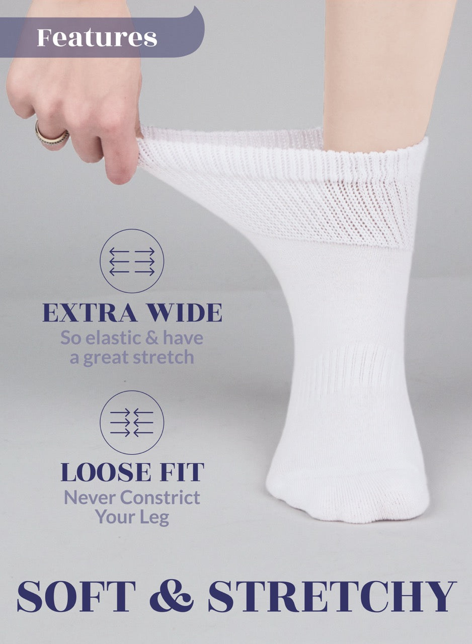 White sock being worn with text highlighting features on a gray background