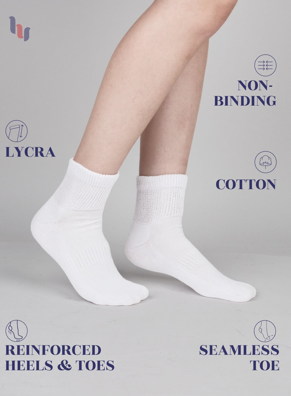 White socks with text highlighting features on a gray background